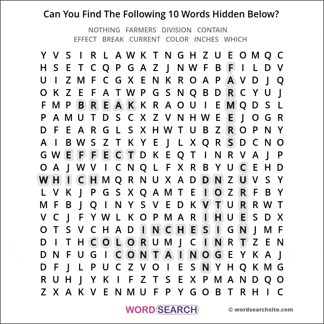 Printable word search image solution
