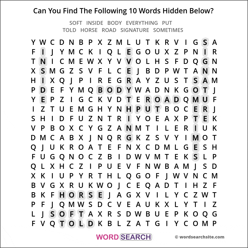 Printable word search image solution