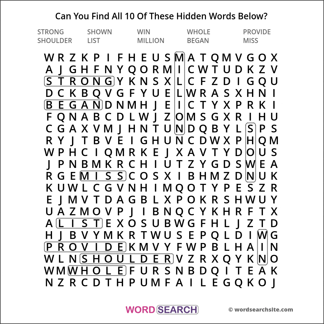 Printable word search image solution