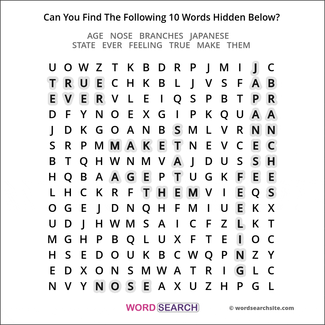 Printable word search image solution